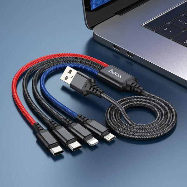 Кабель HOCO X76 USB to iP+Type-C+Type-C+Micro 2A, 1m, nylon, aluminum connectors Black+Red+Blue 125648 фото