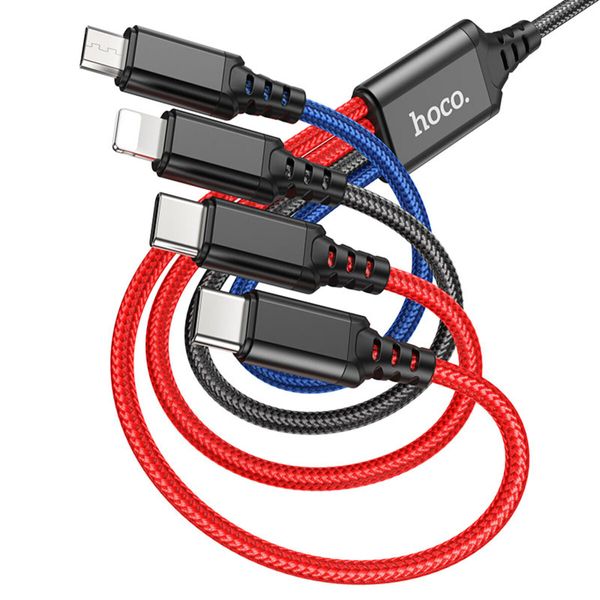 Кабель HOCO X76 USB to iP+Type-C+Type-C+Micro 2A, 1m, nylon, aluminum connectors Black+Red+Blue 125648 фото