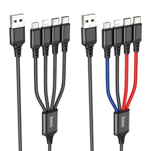 Кабель HOCO X76 USB to iP+Type-C+Type-C+Micro 2A, 1m, nylon, aluminum connectors Black+Red+Blue 125648 фото